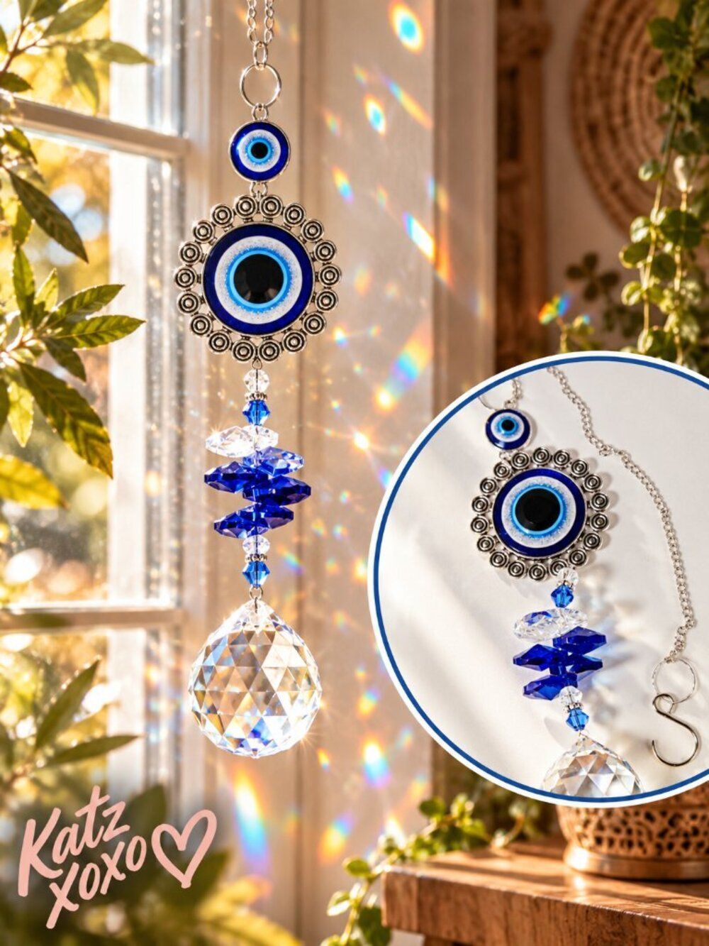 Evil Eye Suncatcher Blue Crystal Prism Rainbow Maker Boho Window Hanging Decor